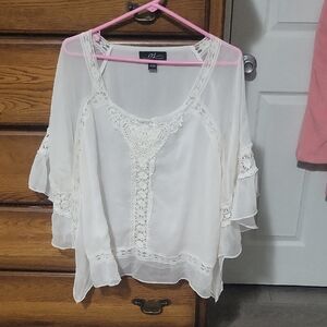 Mudd White Sheer Chiffon Blouse with Lace Insets